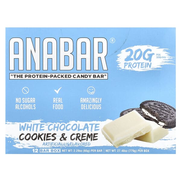 The Anabar, Protein-Packed Candy Bar®, 화이트 초콜릿 쿠키 & 크림, 바 12개, 각 65g(2.29oz)