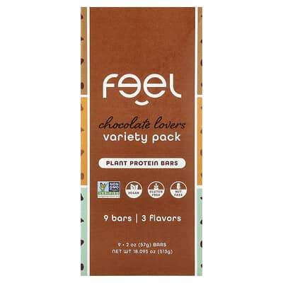 The Feel Bar, Plant-Based Protein Bars, Assorted Flavors, Chocolate Lovers, 9 Bars, 2 oz (57 g) Each