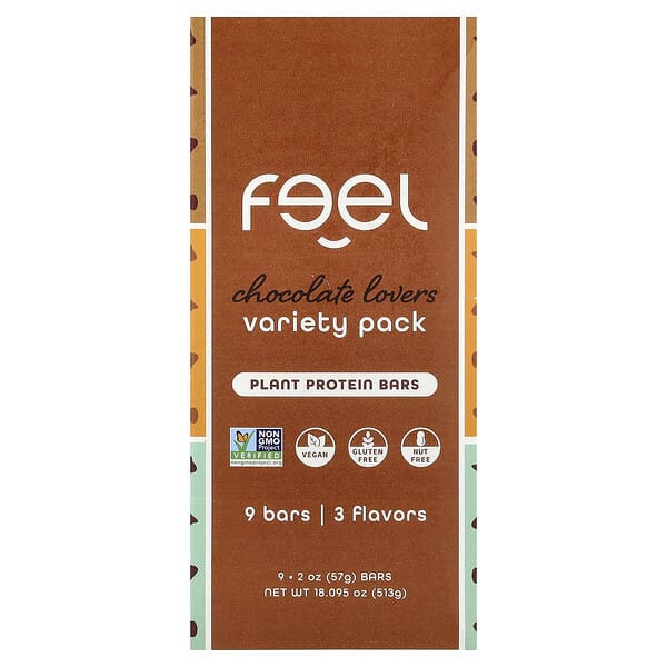 The Feel Bar, 플랜트 프로틴 바, 버라이어티 팩, 초콜릿 러버, 9개입, 개당 57g(2oz)