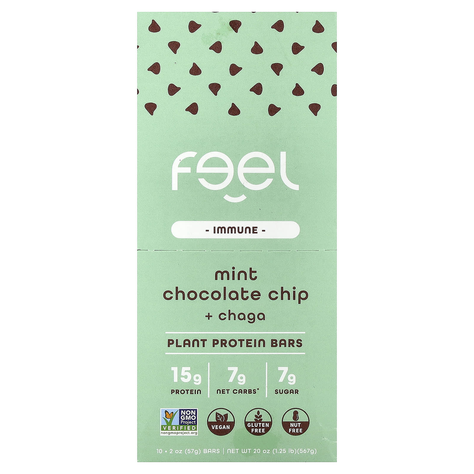 The Feel Bar, Immune, батончики с растительным протеином, со вкусом мяты и шоколадной крошки и чаги, 10 батончиков по 57 г (2 унции)