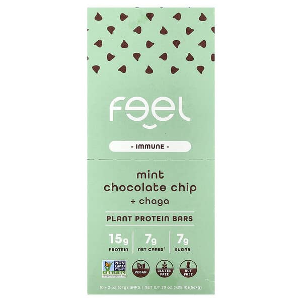 The Feel Bar, Immune, 식물성 단백질 바, 민트 초콜릿 칩 + 차가버섯, 바 10개, 개당 57g(2oz)