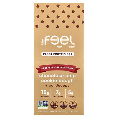 The Feel Bar, Plant Protein Bars, Chocolate Chip Cookie Dough + Cordyceps, 10 Bars, 2 oz (57 g) Each