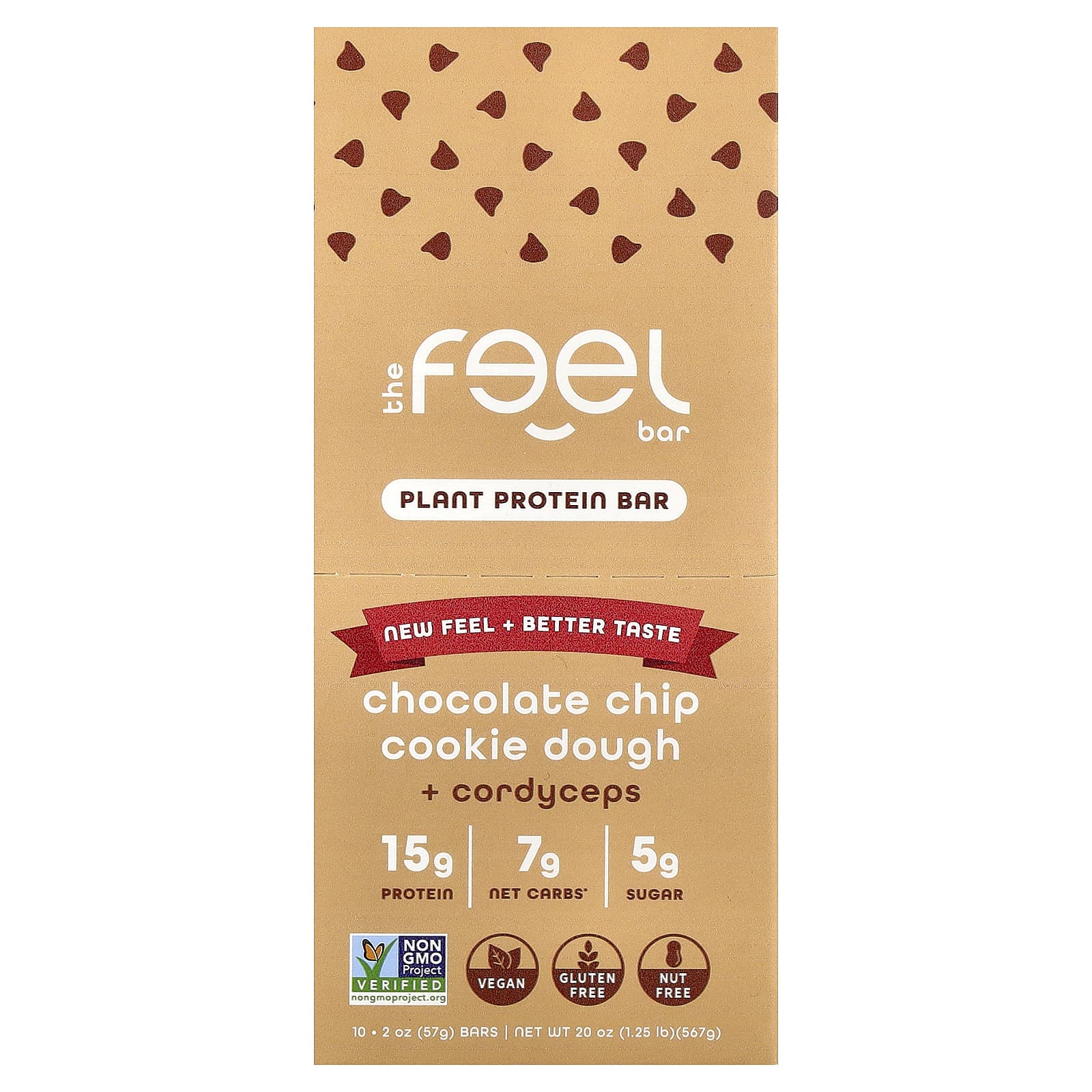 The Feel Bar, растительные протеиновые батончики, тесто для печенья с шоколадной крошкой и кордицепсом, 10 батончиков по 57 г (2 унции)