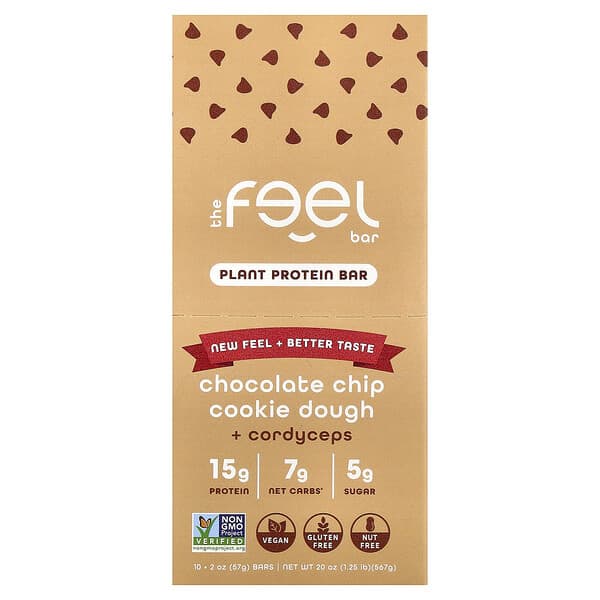 The Feel Bar, 플랜트 프로틴바, 초콜릿 칩 쿠키 도우 + 동충하초, 10개입, 개당 57g(2oz)