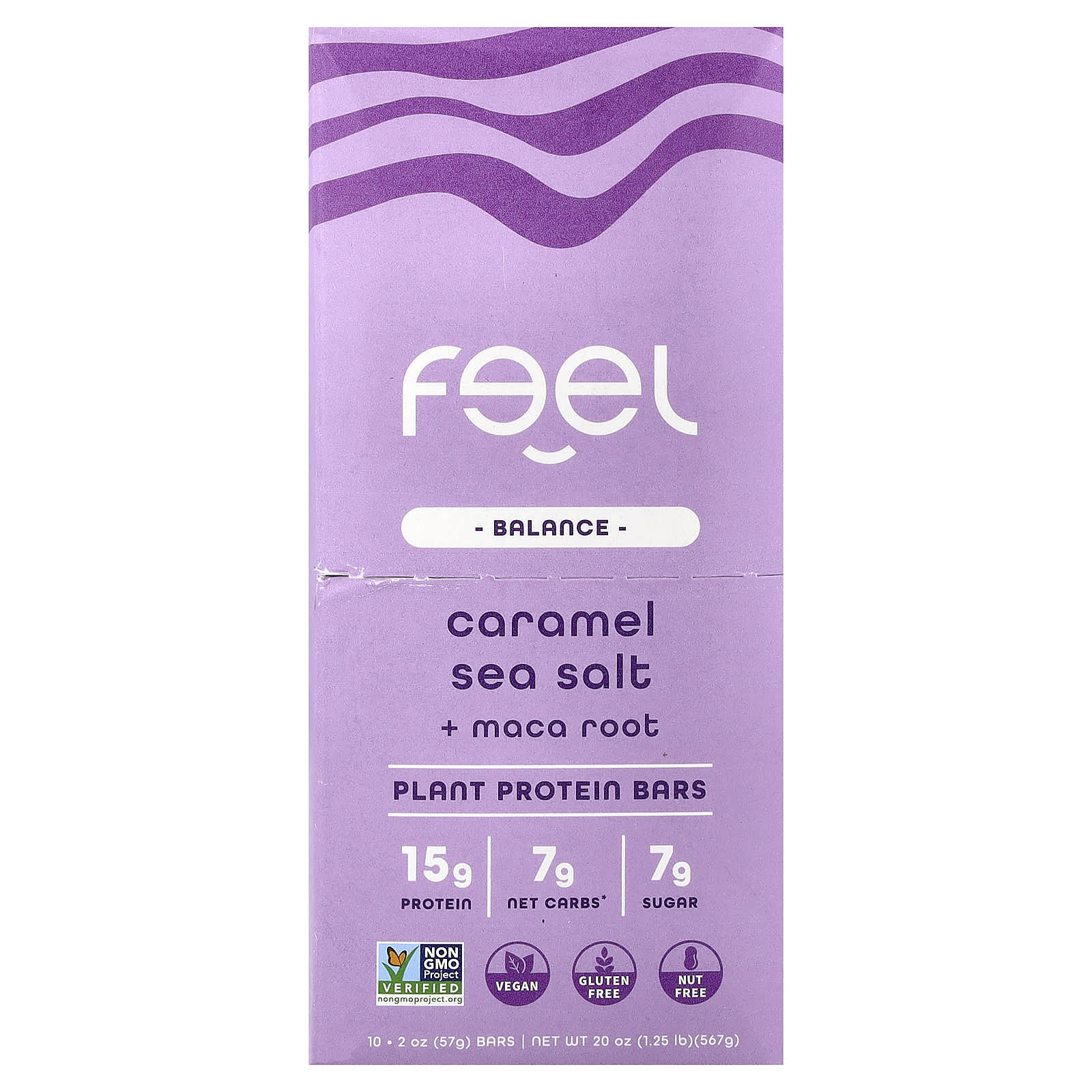 The Feel Bar, Balance, батончики растительного протеина, карамельная морская соль и корень маки, 10 батончиков по 57 г (2 унции)