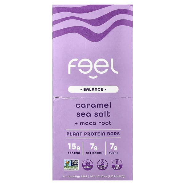 The Feel Bar, Balance, 식물성 단백질 바, 캐러멜 바다 소금 + 마카 뿌리, 바 10개, 각 57g(2oz)
