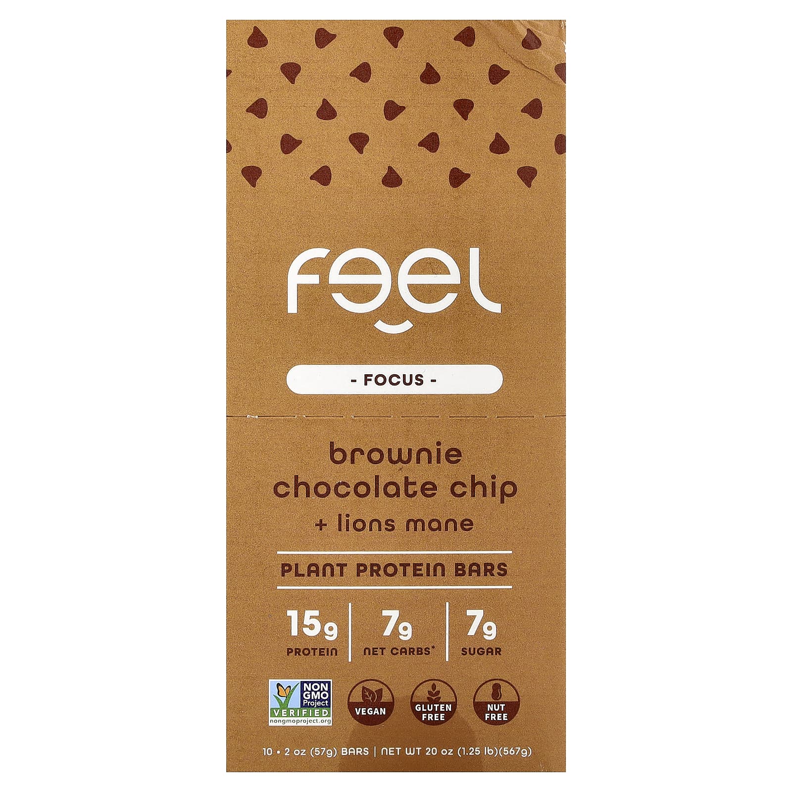 The Feel Bar, Focus, батончики с растительным протеином, брауни с шоколадной крошкой и ежовиком гребенчатым, 10 батончиков по 57 г (2 унции)