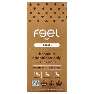The Feel Bar, Fokus, planteproteinbarer, browniesjokoladebiter + løvemanke, 10 barer, 57 g per stk.