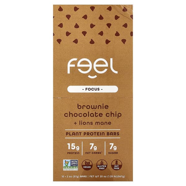 The Feel Bar, Focus, 식물성 단백질 바, 브라우니 초콜릿 칩 + 노루궁뎅이버섯, 바 10개, 개당 57g(2oz)