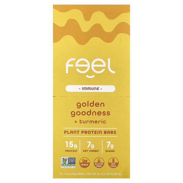 The Feel Bar, Immune, 식물성 단백질 바, 골든 굿니스 + 강황, 바 10개, 각 57g(2oz)