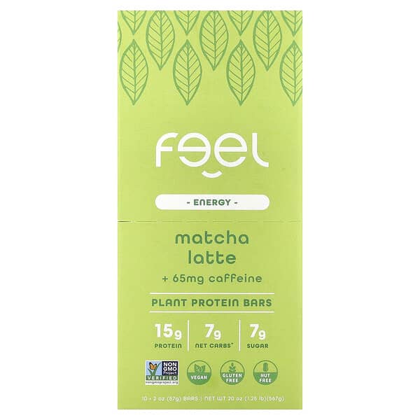 The Feel Bar, 에너지, 식물성 단백질 바, 말차라떼 + 카페인, 바 10개, 개당 57g(2oz)