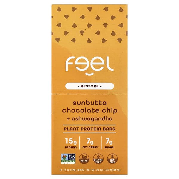 The Feel Bar, 리스토어, 식물성 프로틴바, 썬부타 초콜릿칩 + 아슈와간다, 바 10개, 각 57g(2oz)