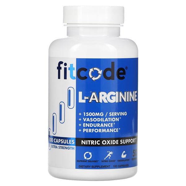 fitcode, L-Arginine, Extra Strength, 1,500 mg, 100 Capsules (750 mg per Capsule)