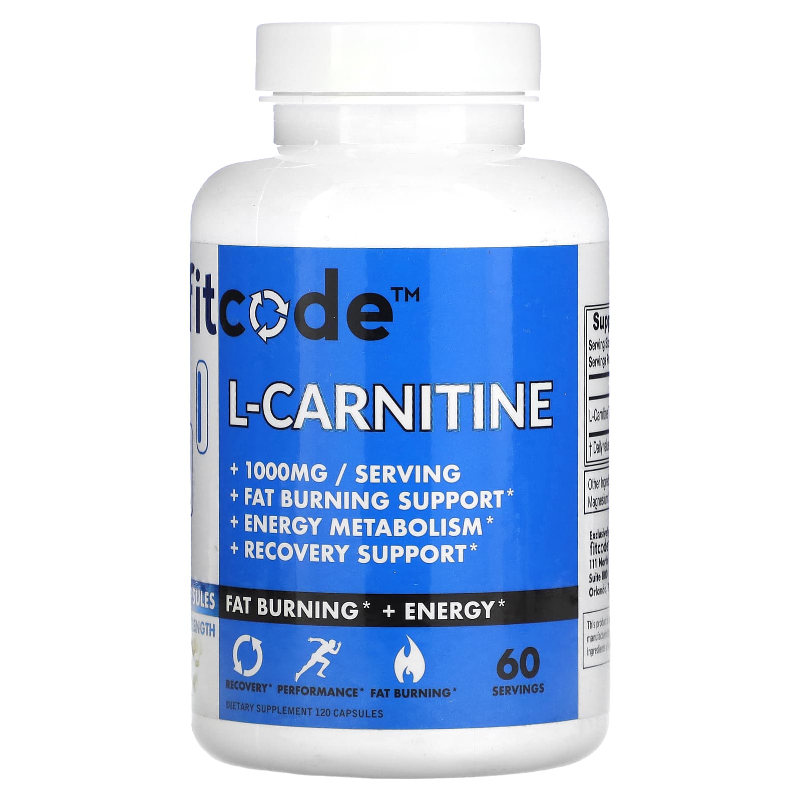 fitcode, LCarnitine, Extra Strength, 1,000 mg, 120 Capsules (500 mg