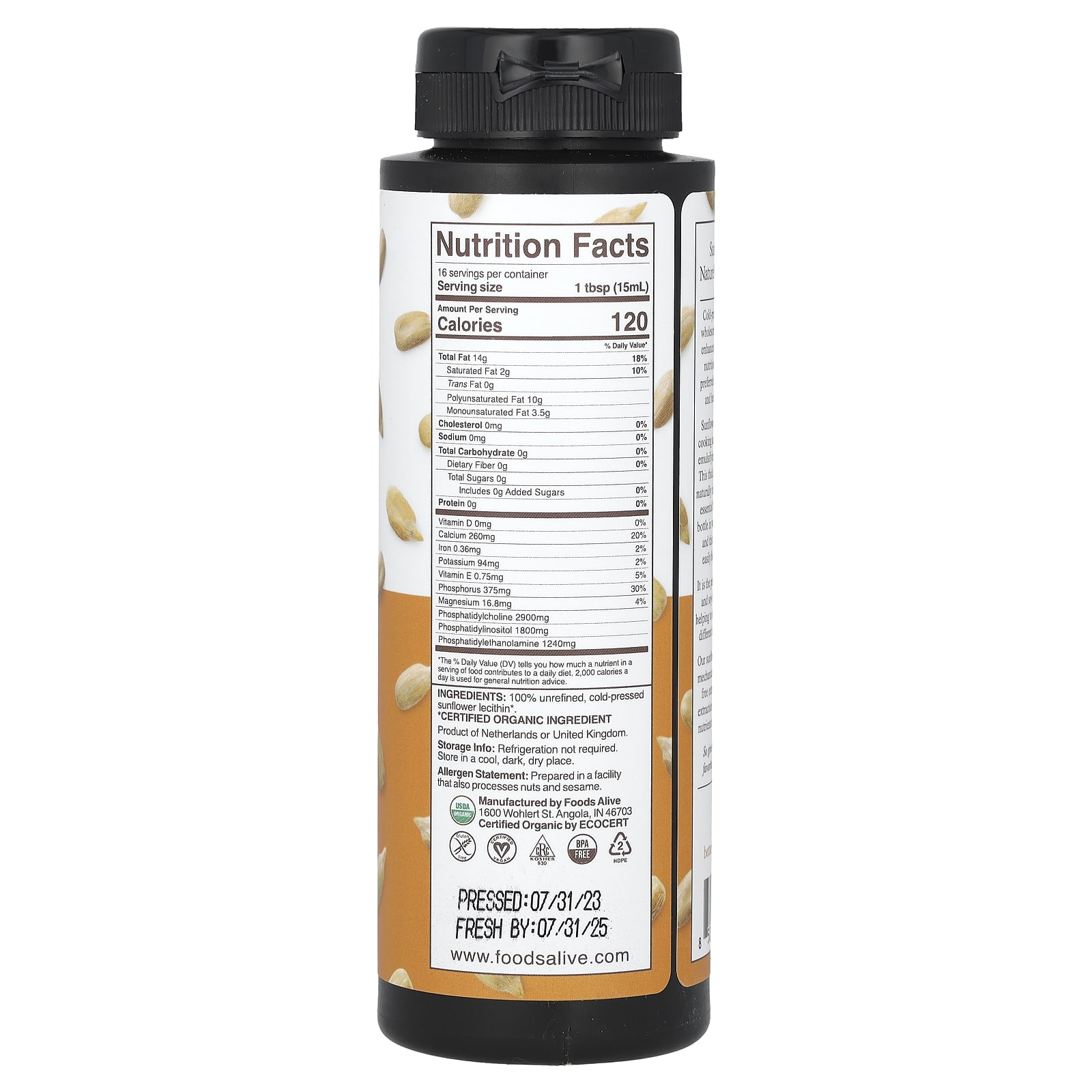 Foods Alive, Organic Sunflower Lecithin Liquid, 8 fl oz (236 ml)