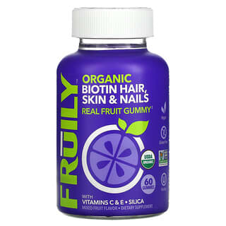 Fruily, Biotina orgánica para el cabello, la piel y las uñas con vitaminas C y E, sílice, frutas mixtas, 60 gomitas