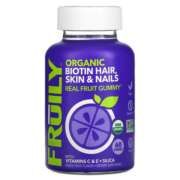 Fruily, Organic Biotin Hair, Skin & Nails with Vitamins C & E, Silica, Mixed Fruit, 60 Gummies
