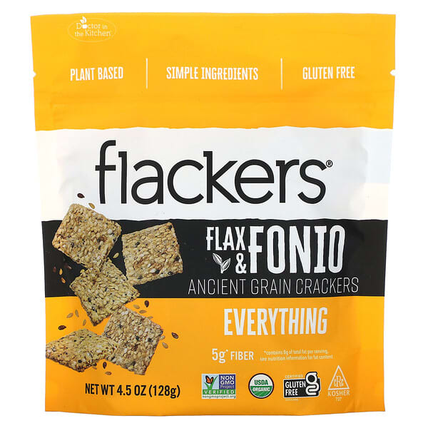 Flackers, Flax &amp; Fonio Ancient Grain Crackers, Everything, 4.5 oz (128 g)