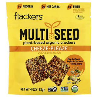 Flackers, Wieloziarniste, organiczne krakersy pochodzenia roślinnego, ser-Pleaze, czosnek i przyprawa, (113 g)