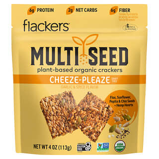 Flackers, Multi Seed, Plant-Based Organic Crackers, Cheeze-Pleaze, Garlic & Spice, 4 oz (113 g)