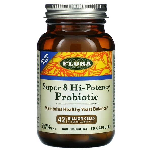 Flora, Super 8, высокоэффективный пробиотик, 42 млрд клеток, 30 капсул
