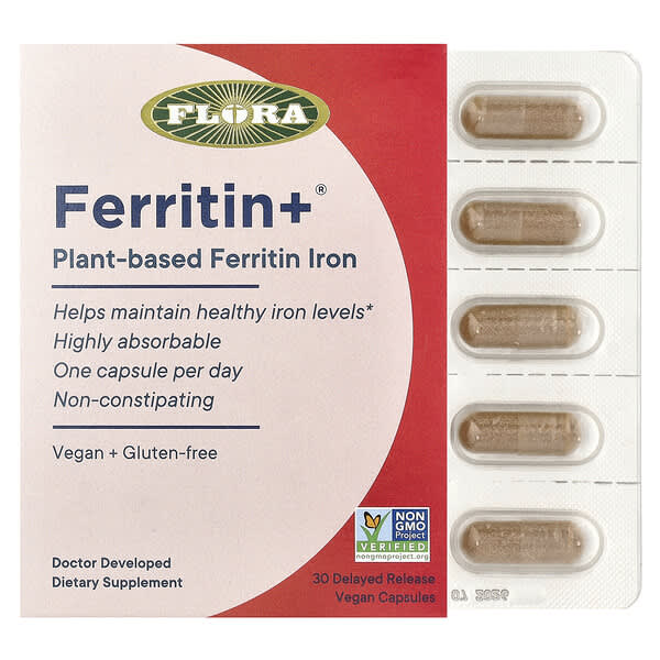 Ferritin+®, Plant-Based Ferritin Iron, 30 Delayed Release Vegan Capsules (20 mg per Capsule)