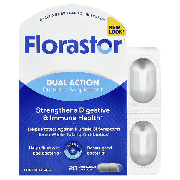 Florastor, Dual Action Probiotic Supplement, 20 Vegetarian Capsules (250 mg per Capsule) — product photo 1