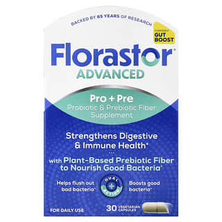 Florastor, Advanced, Pro + Pre, Probiotic & Prebiotic Fiber Supplement, 30 Vegetarian Capsules
