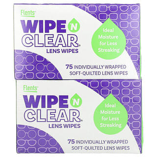 Flents‏, מגבוני Wipe 'N Clear Lens‏, 2 קופסאות, 75 מגבונים כל אחד