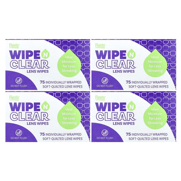 Flents, Wipe 'N Clear, Lingettes pour lentilles, 4 boîtes, 75 lingettes pour lentilles emballées individuellement
