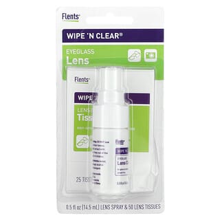 Flents, Wipe 'N Clear, Eyeglass Lens Cleaner, 50 Wipes, 1 Spray, 0.5 fl oz (14.5 ml)