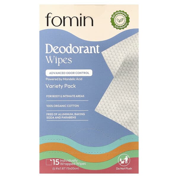 fomin, Deodorant Wipes, Variety Pack , 15 Individually Wrapped Wipes