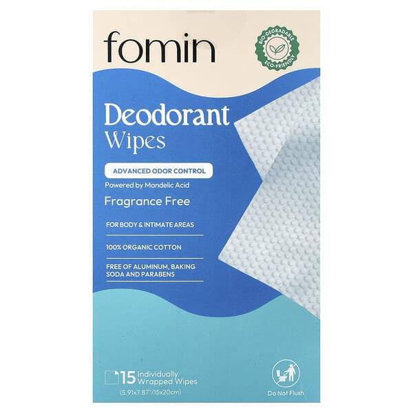 fomin, 데오드란트 물티슈, 향료 무함유, 개별 포장된 물티슈 15장