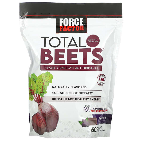 Force Factor, Total Beets, здоровый источник энергии и антиоксидантов, свекла и ягоды асаи, 325 мг, 60 жевательных таблеток