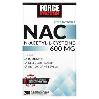 Force Factor, Ingredientes esenciales, NAC, N-acetil-L-cisteína, 600 mg, 200 cápsulas vegetales