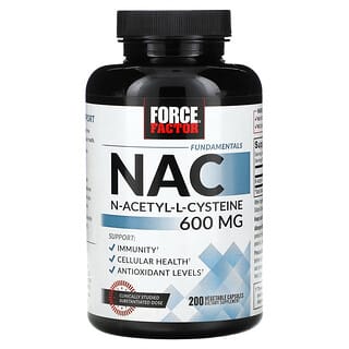 Force Factor, Ingredientes esenciales, NAC, N-acetil-L-cisteína, 600 mg, 200 cápsulas vegetales