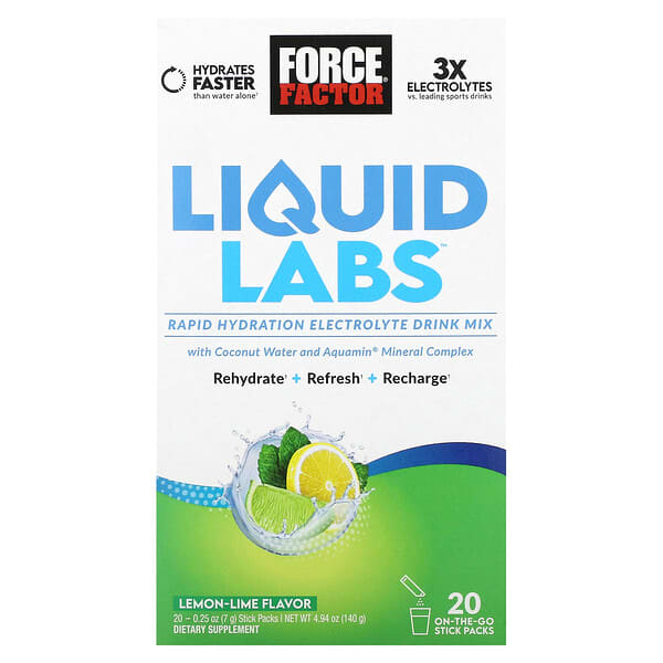 Force Factor, Liquid Labs™, Rapid Hydration Electrolyte Drink Mix, Lemon-Lime, 20 Stick Packs, 0.25 
