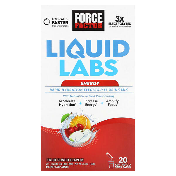 Force Factor, Liquid Labs™ Energy, Rapid Hydration Electrolyte Drink Mix, Fruit Punch, 20 Stick Pack