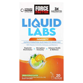 Force Factor, Liquid Labs Immunity, Rapid Hydration Electrolyte Drink Mix, Fresh Citrus, 20 Stick Packs, 0.26 oz (7.4 g) Each
