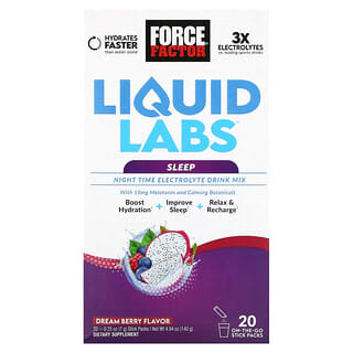 Force Factor, Liquid Labs Sleep, Night Time Electrolyte Drink Mix, Dream Berry, 20 Stick Packs, 0.25 oz (7 g) Each