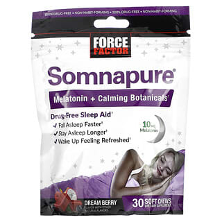 Force Factor, Somnapure, Melatonin + Calming Botanicals, Melatonin und beruhigende Pflanzenstoffe, Traumbeere, 30 Kau-Snacks