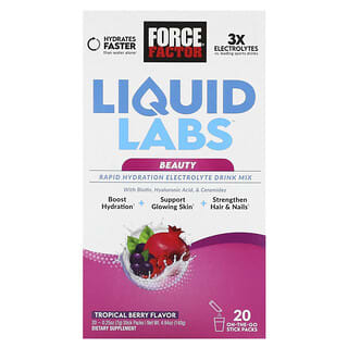 Force Factor, Liquid Labs Beauty, Mistura para Bebida de Eletrólitos de Hidratação Rápida, Frutos Silvestres Tropicais, 20 Pacotes, 7 g (0,25 oz) Cada