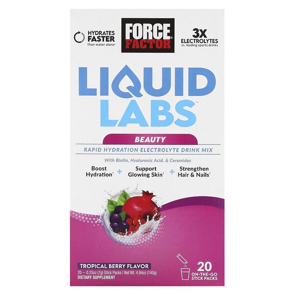 Force Factor, Liquid Labs Beauty，快速補水電解質混合飲品，熱帶漿果味，20 條，0.25 盎司（7 克）/條