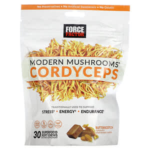 Force Factor, Cordyceps de hongos modernos, Caramelo de mantequilla, 30 comprimidos masticables blandos con superalimentos