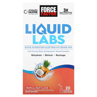 Force Factor, Liquid Labs, Miscela per bevande elettrolitiche a idratazione rapida, frutta tropicale, 20 buste, 7 g ciascuna