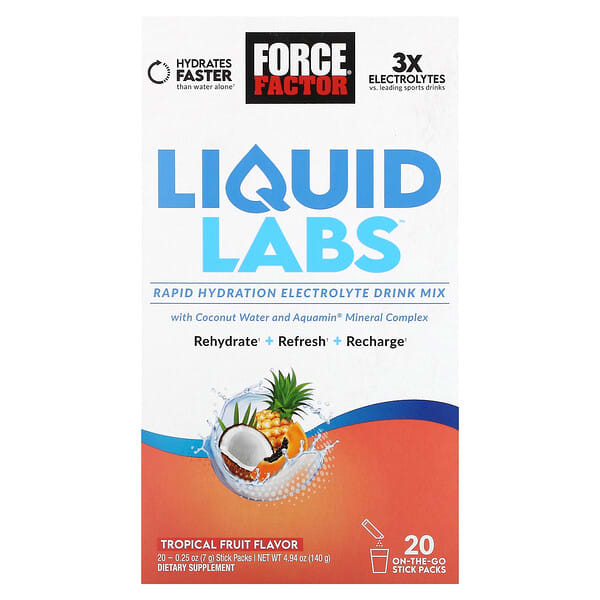 Force Factor, Liquid Labs™, Rapid Hydration Electrolyte Drink Mix, Tropical Fruit, 20 Stick Packs, 0