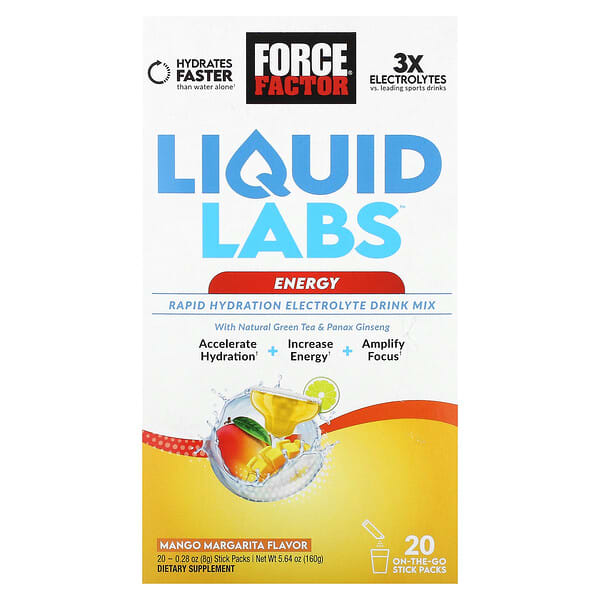 Force Factor, Liquid Labs™ Energy, Rapid Hydration Electrolyte Drink Mix, Mango Margarita, 20 Stick 