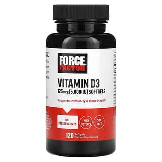 Force Factor‏, "ויטמין D3, ‏125 מק""ג (5,000 יחב״ל), 120 כמוסות רכות."