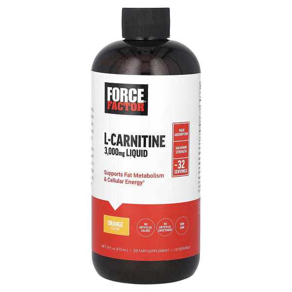 Force Factor L-Carnitine Liquid, Orange, 3,000 mg, 16 fl oz (473 ml)