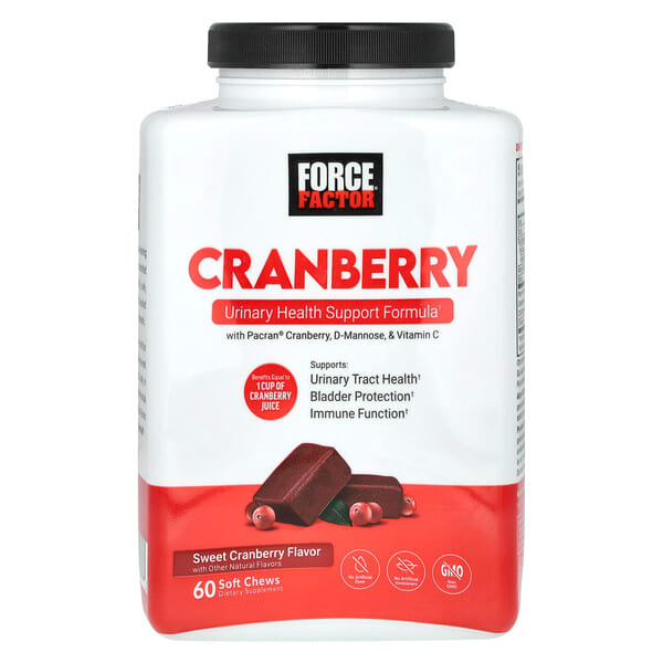 Force Factor, Cranberry with D-Mannose, &amp; Vitamin C, Sweet Cranberry, 60 Soft Chews